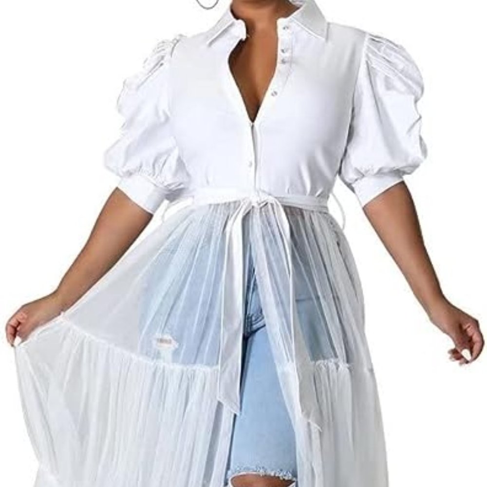 New White Mesh See-Through Shirt Long Dress with Belt V Neck Button Down